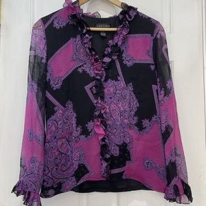 Spenser Jeremy Silk Black & Purple Ruffle Paisley Sheer Arms Button Down Size 4